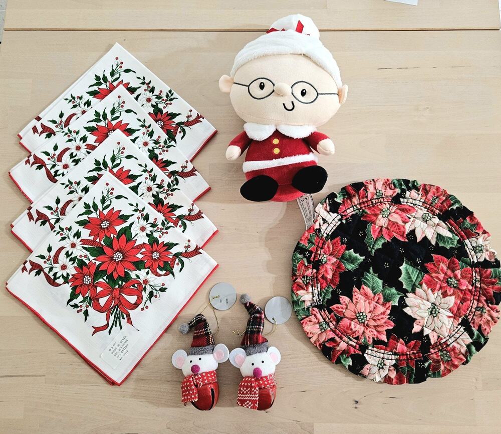 Lot Of Vintage Christmas Decor Items, NEW napkins, Mouse ornaments, Mrs. Claus